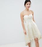 Chi Chi London Petite Premium Lace Bardot Prom Dress With Extreme High Low Hem - Cream