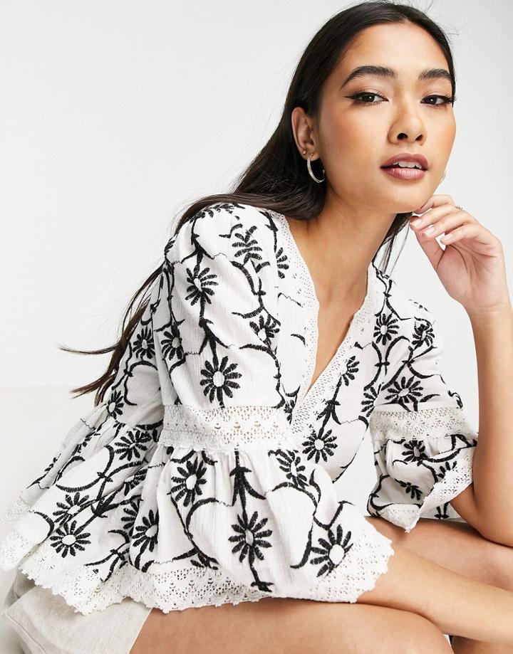 River Island Embroidered Eyelet Cropped Smock Top In White
