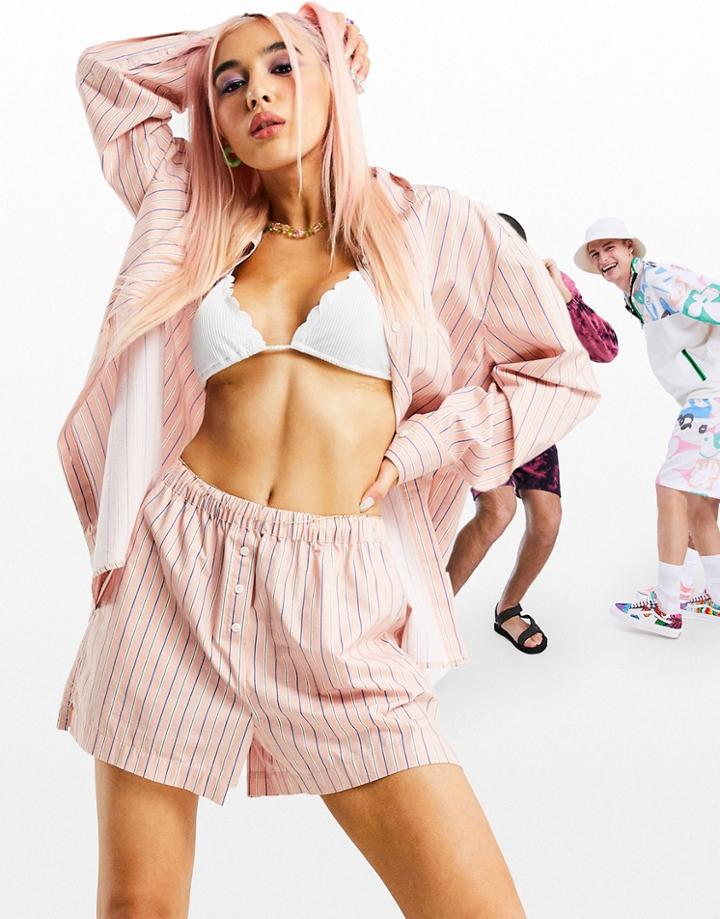 Asos Design Mix And Match Oversized Cotton Poplin Shirt In Pink Stripe