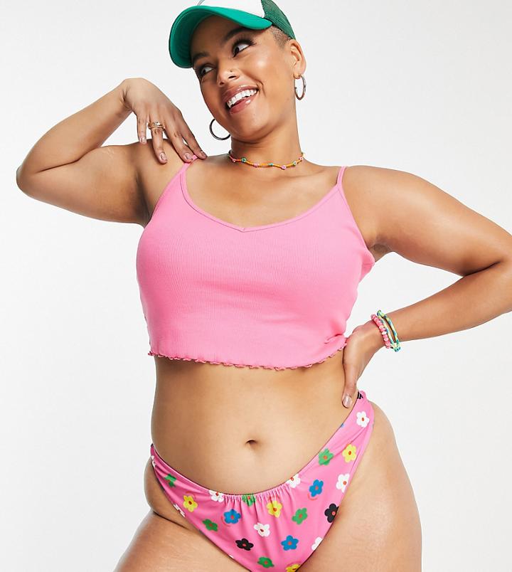 Collusion Plus Recycled Floral Print High Leg Bikini Bottom In Pink