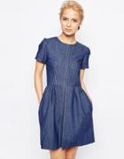 Closet Denim Dress With Front Pleat Skirt - Blue