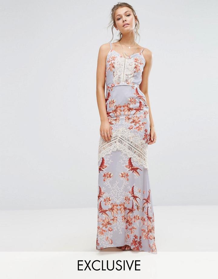 Hope & Ivy Printed Maxi Dress With Low Back And Eyelash Lace Trim - Multi