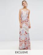 Hope & Ivy Printed Maxi Dress With Low Back And Eyelash Lace Trim - Multi