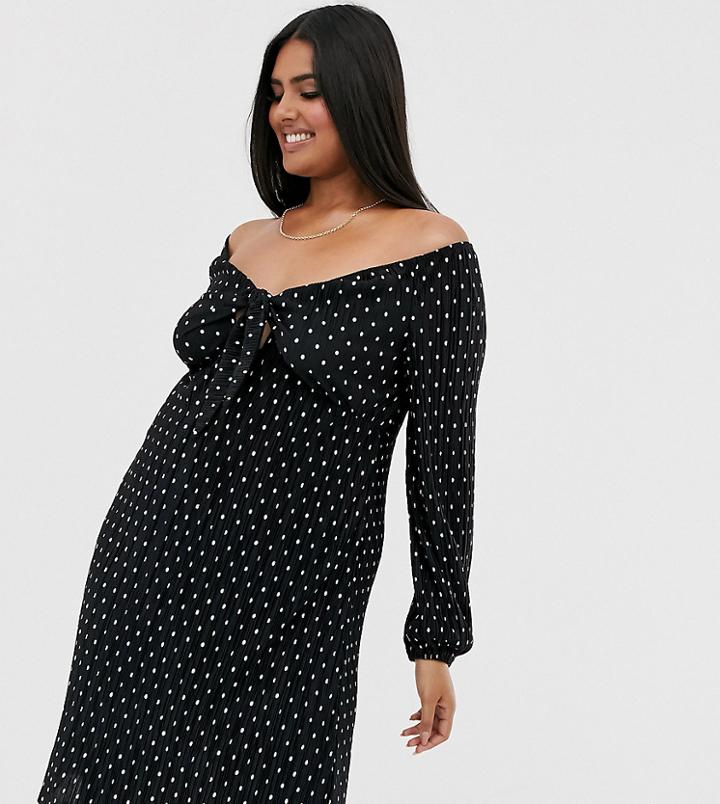 Asos Design Curve Bardot Polka Dot Plisse Dress With Knot Front