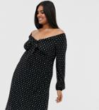 Asos Design Curve Bardot Polka Dot Plisse Dress With Knot Front