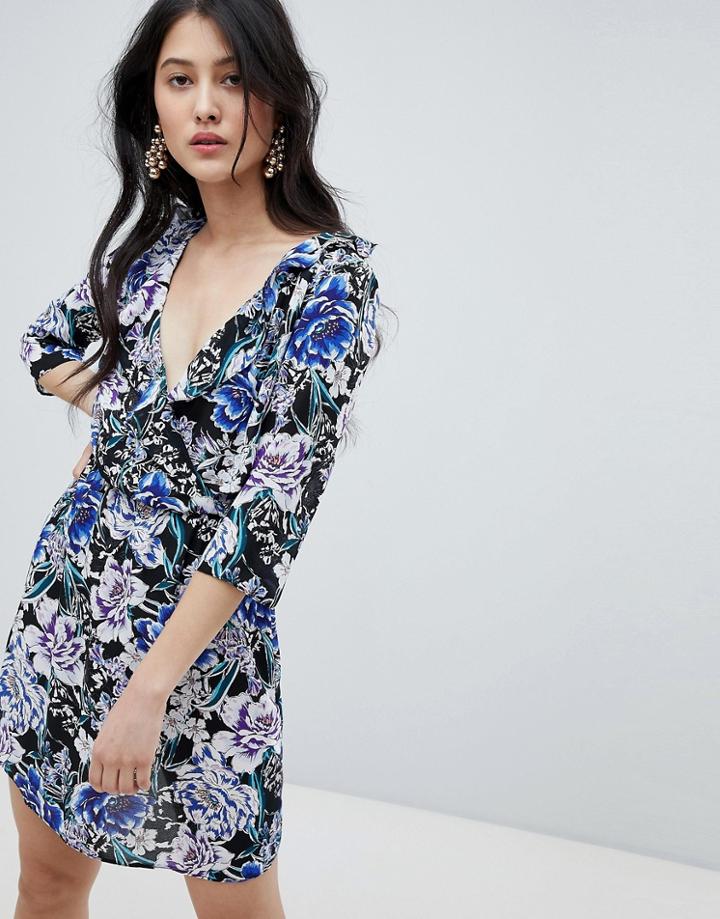 Oh My Love Frilled Neck Mini Skater Dress In Floral Print - Multi