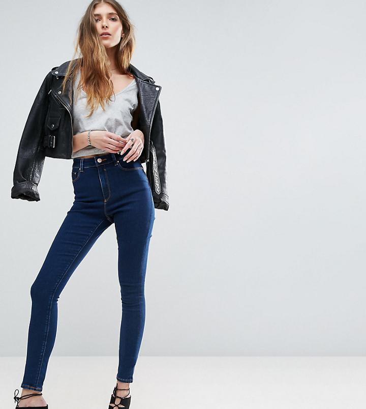 Asos Design Tall Ridley High Waist Skinny Jeans In Deep Blue Wash - Blue