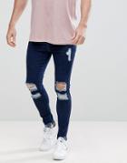 Siksilk Muscle Fit Jeans In Darkwash Blue With Distressing - Blue