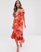 Lipsy Bardot Scuba Dress With Pleated Detail In Floral Print-multi