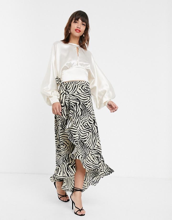 Pretty Lavish Wrap Midaxi Skirt With Ruffle Hem In Zebra