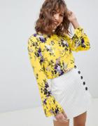 Warehouse Trailing Floral Pleat Cuff Top - Yellow