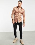Asos Design Skinny Satin Shirt In Mocha-pink