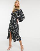 Asos Design Midi Dress With Neck Tie In Dark Based Floral Print-multi