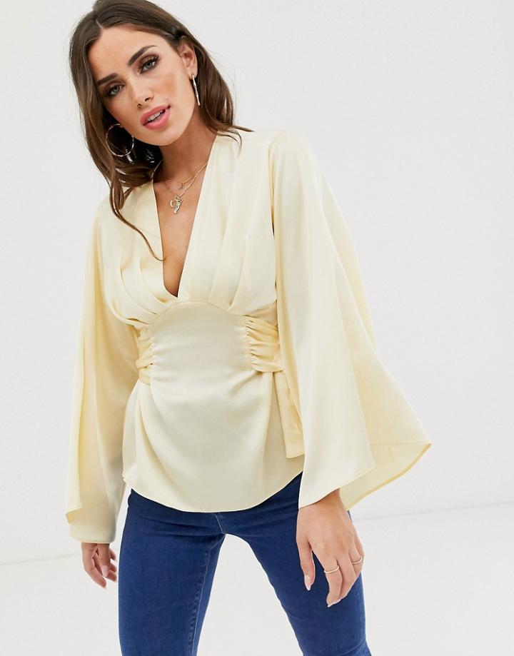 Asos Design Long Sleeve Plunge Top With Tie Waist In Satin-cream