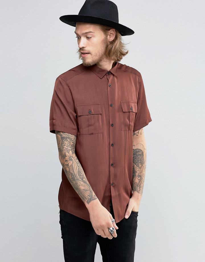 Asos Military Shirt In Rust Viscose In Regular Fit - Rust