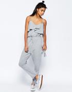Asos Jumpsuit With Peg Leg And Ruffle Detail - Gray Marl