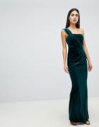 Asos Design One Shoulder Velvet Maxi Dress With Ruched Detail - Green
