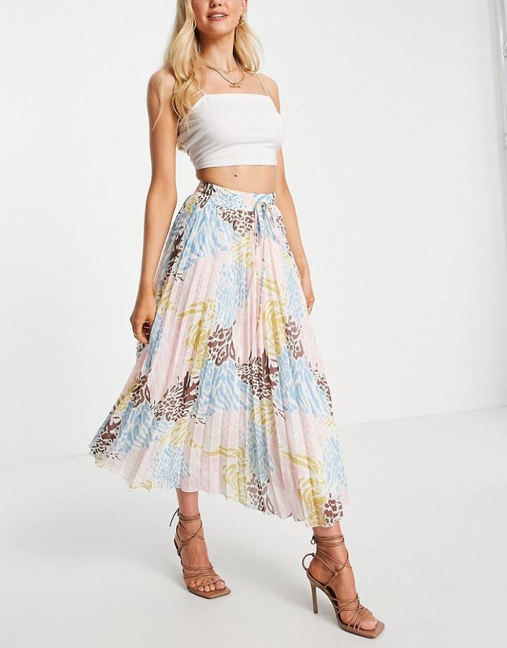 Asos Design Pleated Midi Skirt With Shirred Waistband In Multi Tonal Animal
