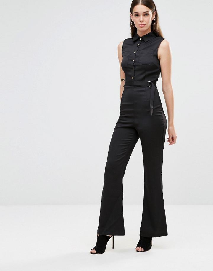 Ax Paris Button Front Flared Jumpsuit - Black