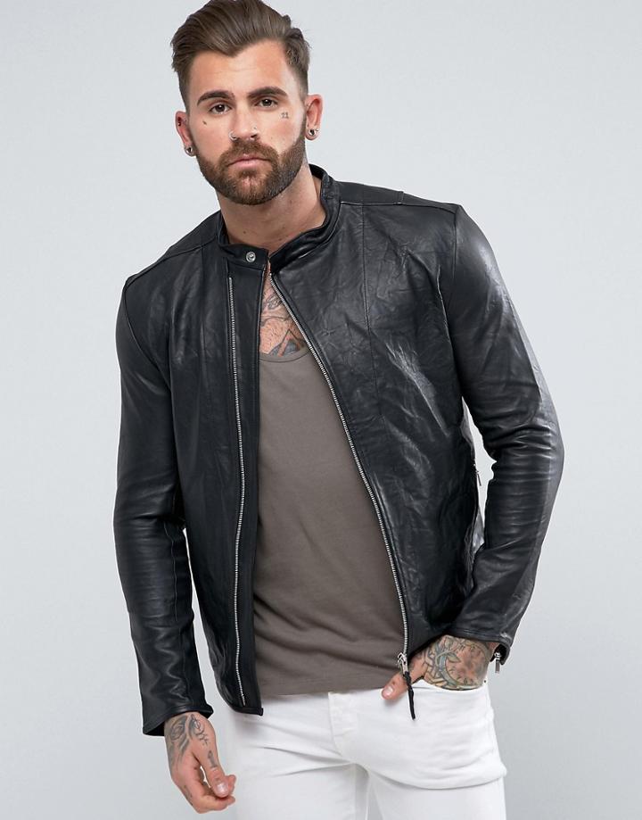 Religion Leather Jacket With Asymmetric Zip In - Black