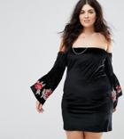 Club L Plus Bardot Embroidery Sleeve Detail Dress - Black