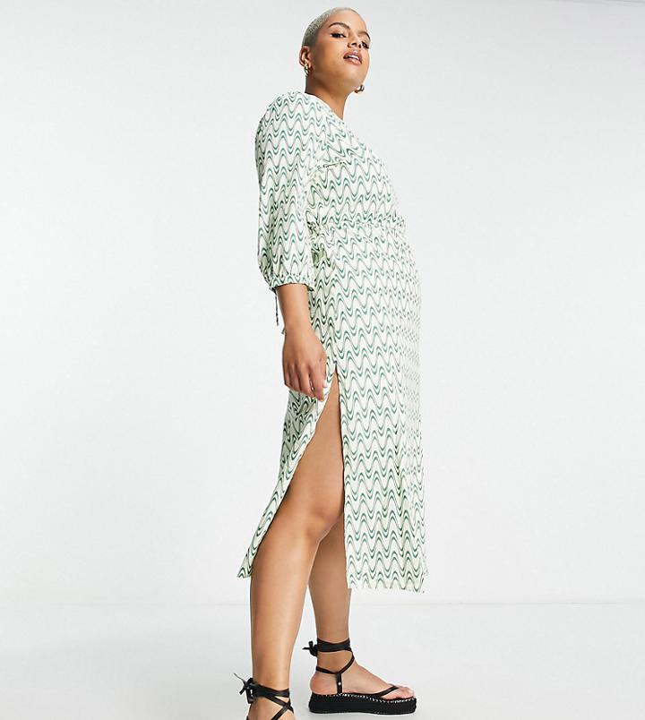 Glamorous Curve Midi Shift Tea Dress With Tie Back In Retro Wave Print-multi