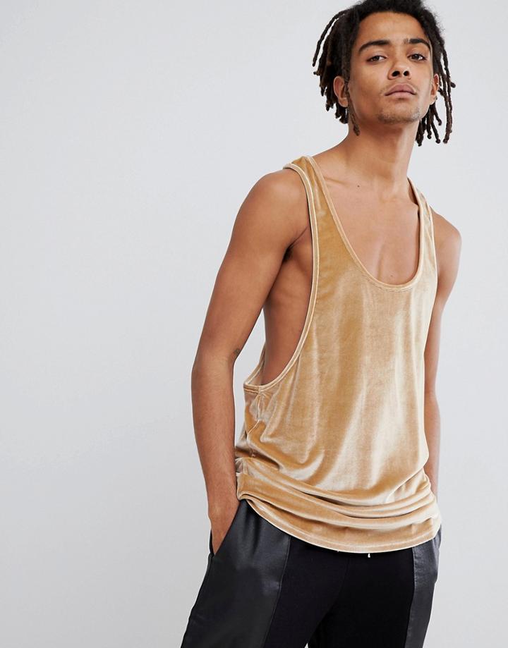 Asos Design Super Longline Extreme Racer Back Tank With With Step Hem In Velour - Beige