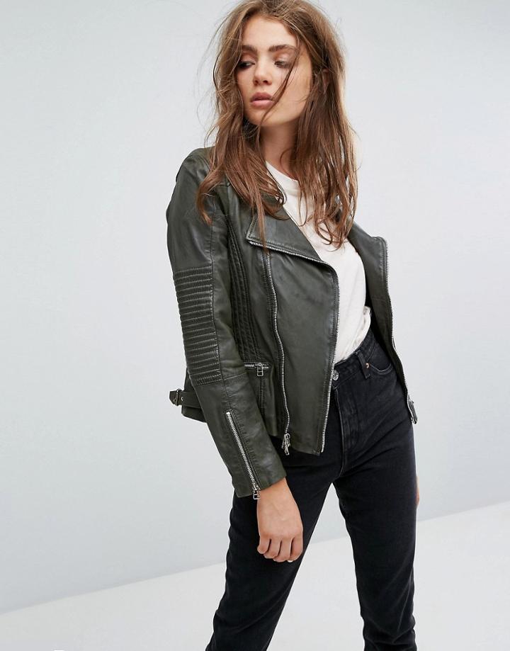 Goosecraft Drape Collar Zip Detail Leather Jacket - Green
