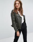 Goosecraft Drape Collar Zip Detail Leather Jacket - Green