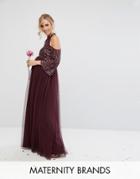 Maya Maternity Cold Shoulder Maxi Dress In Tonal Delicate Sequin With Tulle Skirt And Kimono Sleeve - Red