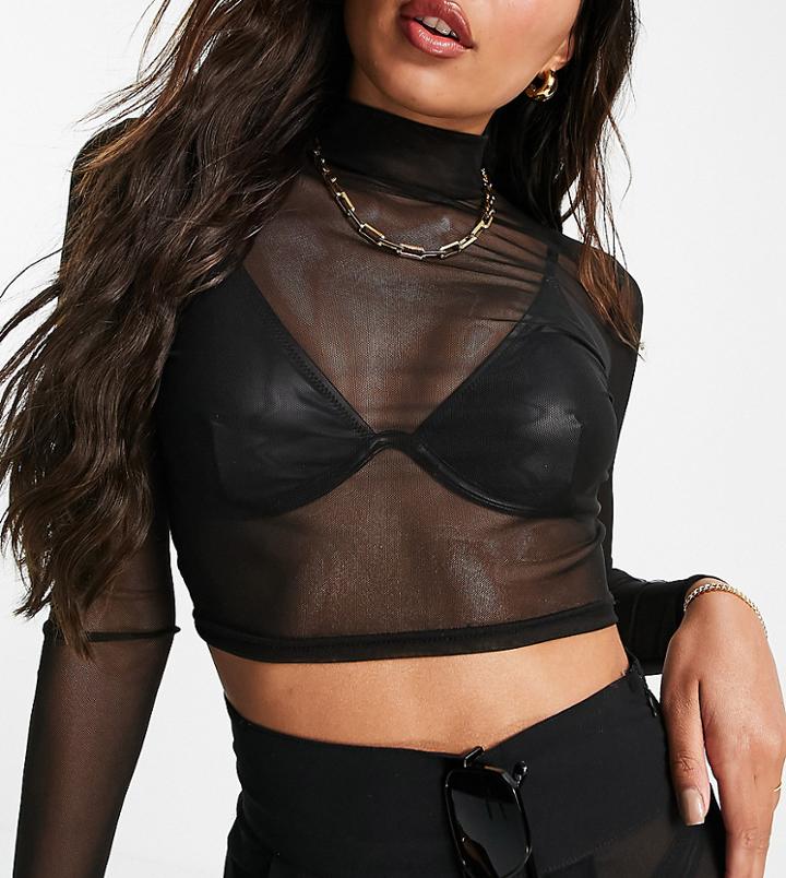 Public Desire High Neck Mesh Crop Top In Black