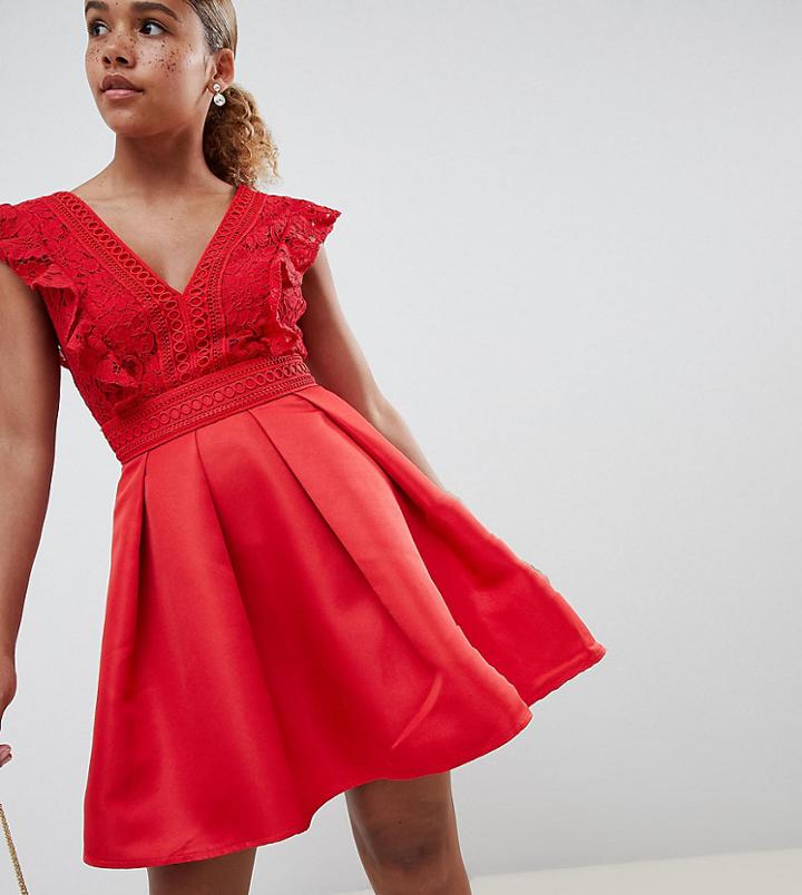 Little Mistress Petite Frilly Lace Mini Skater Prom Dress In Pomegranate - Red