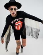 Asos Design Rolling Stones Relaxed Long Sleeve T-shirt With Tassel Back - Black