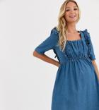 Asos Design Maternity Denim Square Neck Frill Smock Dress In Blue