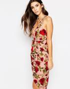 Ginger Fizz Deep Plunge Dress With Wrap Skirt In Rose Floral