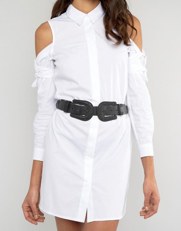 Asos Large Double Buckle Leather Western Waist And Hip Belt With Black