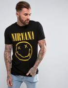 Asos Design Nirvana Longline Band T-shirt With Face Print - Black