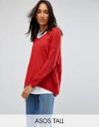 Asos Tall Sweater In Sheer Knit With V Neck - Red