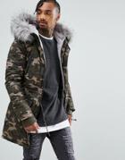 Sixth June Parka Jacket In Camo With Extreme Faux Fur Hood - Green