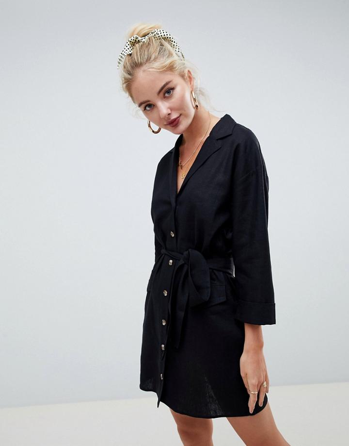 Asos Design Mini Shirt Dress With Belt In Linen - Black