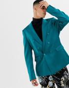 Asos Design Slim Double Breasted Blazer In Teal High Shine - Green