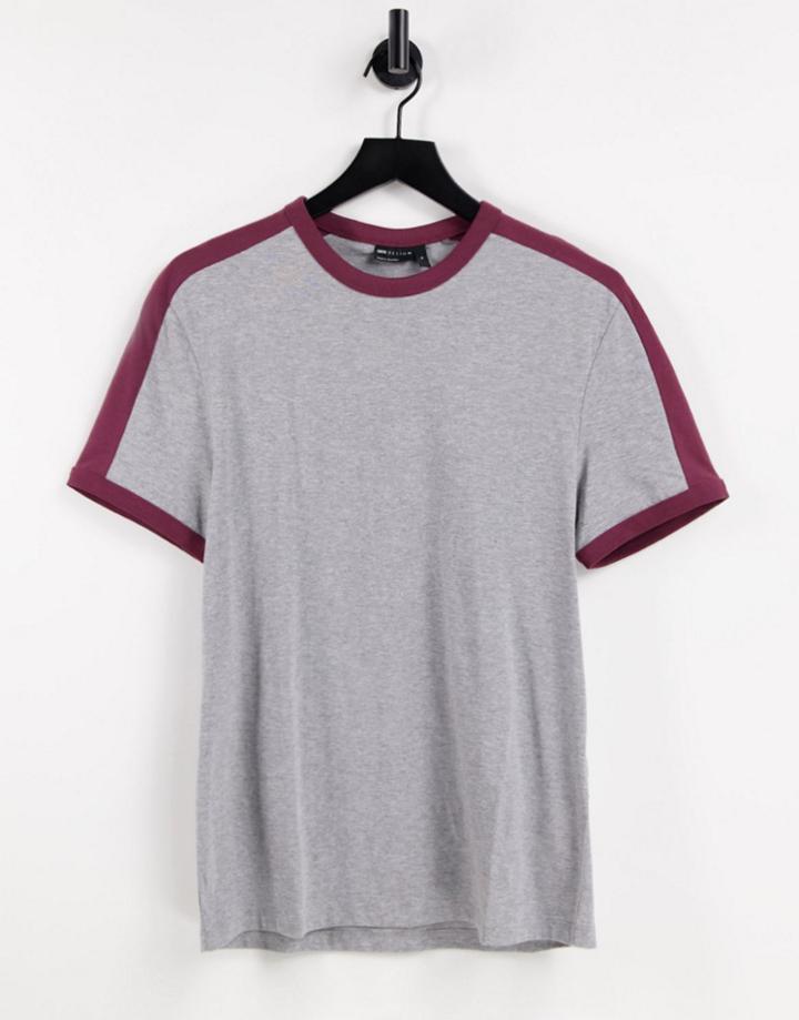 Asos Design Organic Cotton T-shirt In Gray Heather & Burgundy With Contrast Shoulder Panel-grey