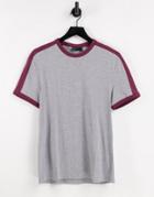 Asos Design Organic Cotton T-shirt In Gray Heather & Burgundy With Contrast Shoulder Panel-grey