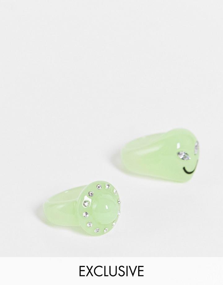 Reclaimed Vintage Inspired Unisex Alien And Ufo Rings In Glow-in-the-dark Green