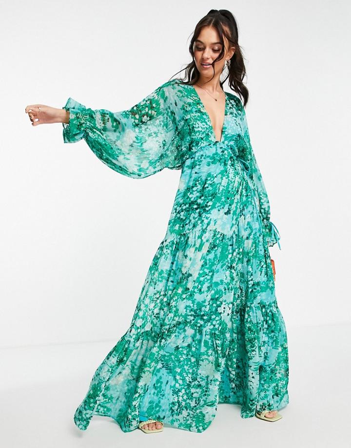 Asos Design Maxi Dress With Tie Waist In Blurred Blossom Print-multi