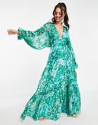 Asos Design Maxi Dress With Tie Waist In Blurred Blossom Print-multi