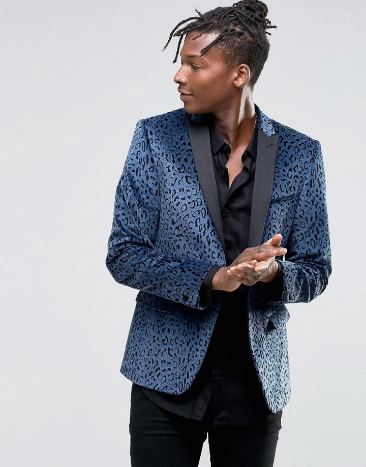 Asos Skinny Blazer In Velvet In Leopard Print - Blue
