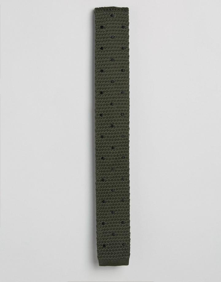 Asos Knitted Polka Dot Tie In Khaki - Khaki