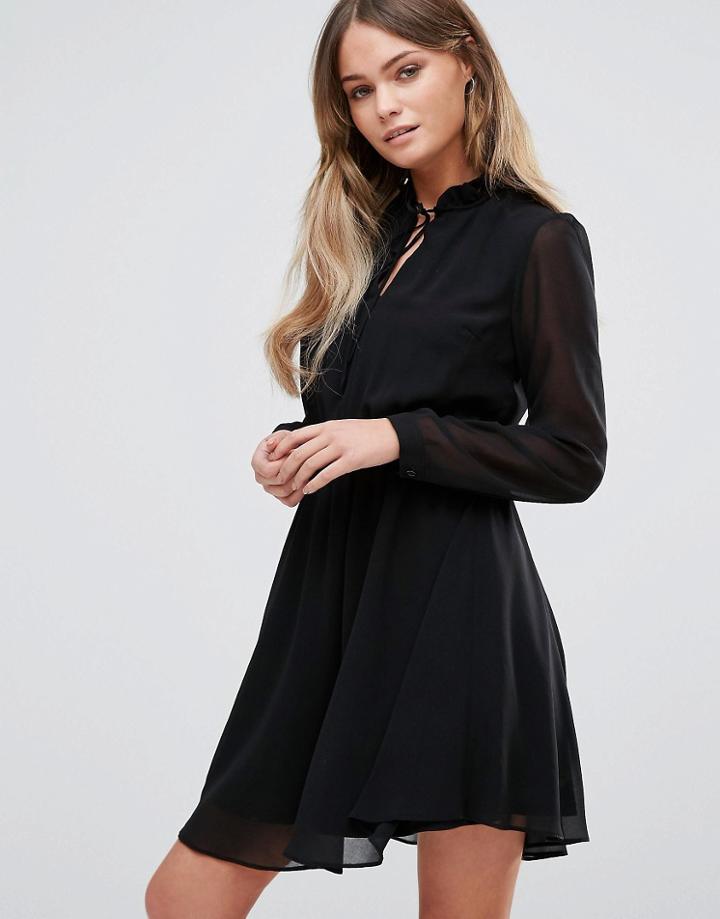 New Look Shirred Pleated Neck Tie Dress - Black