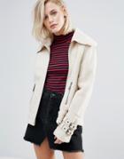 Pepe Jeans Ginna Exposed Faux Shearling Biker Jacket - Cream